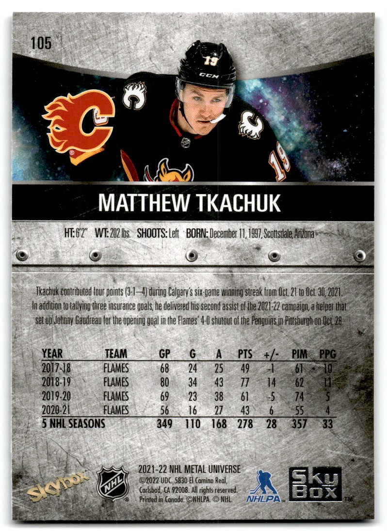 2021-22 Skybox Metal Universe Matthew Tkachuk #105 card back image