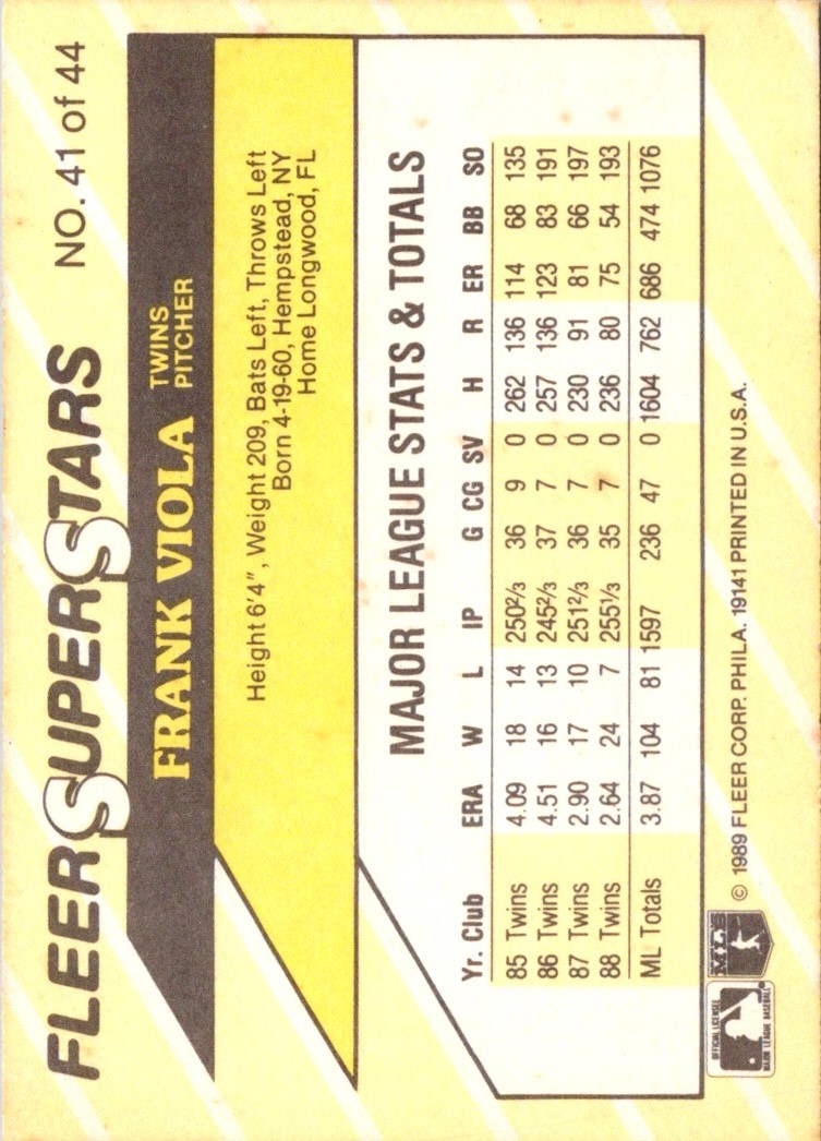1989 Fleer SuperStars Frank Viola #41 card back image