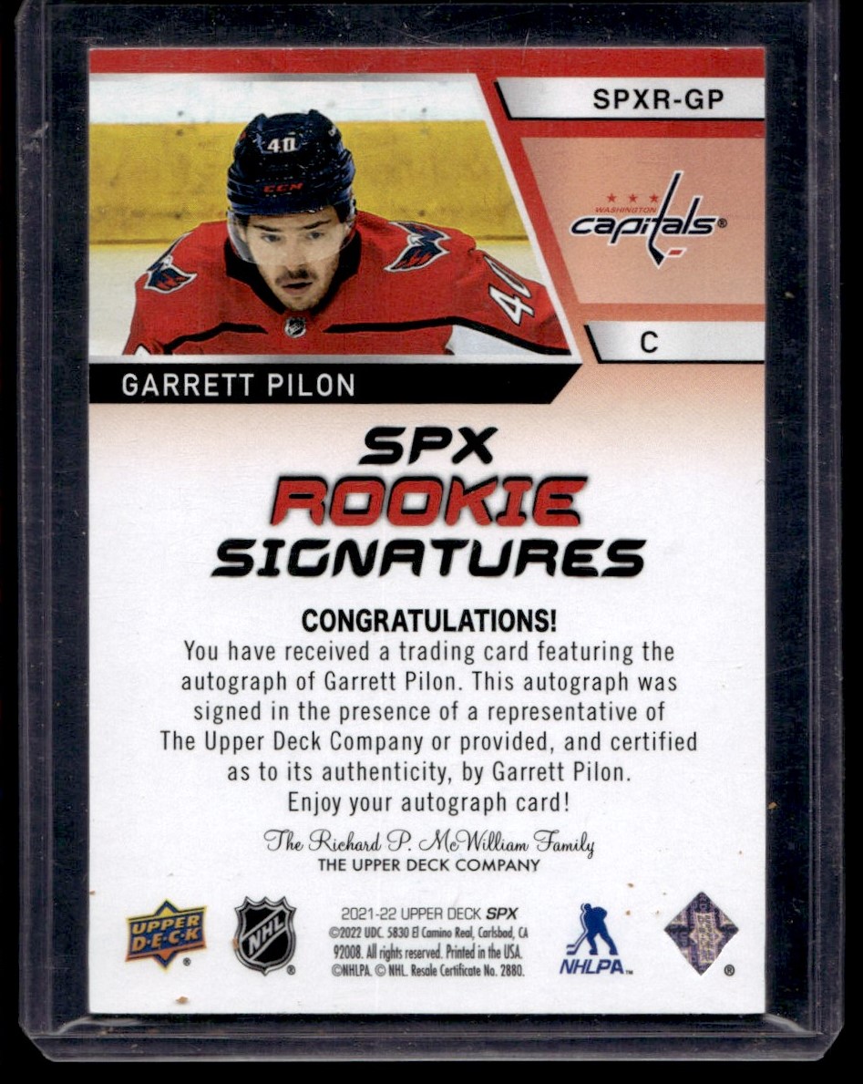 2021-22 Upper Deck SPx Rookie Signatures Garrett Pilon #SPXR-GP card back image