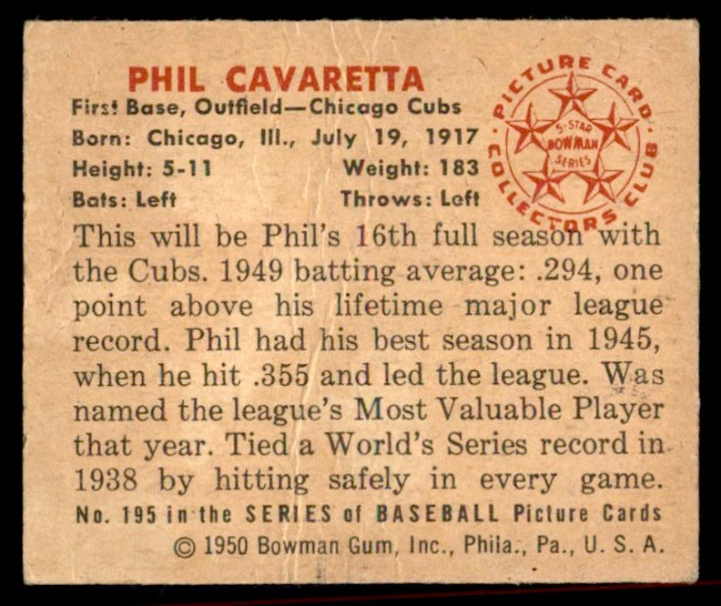1950 Bowman Phil Cavaretta #19 card back image