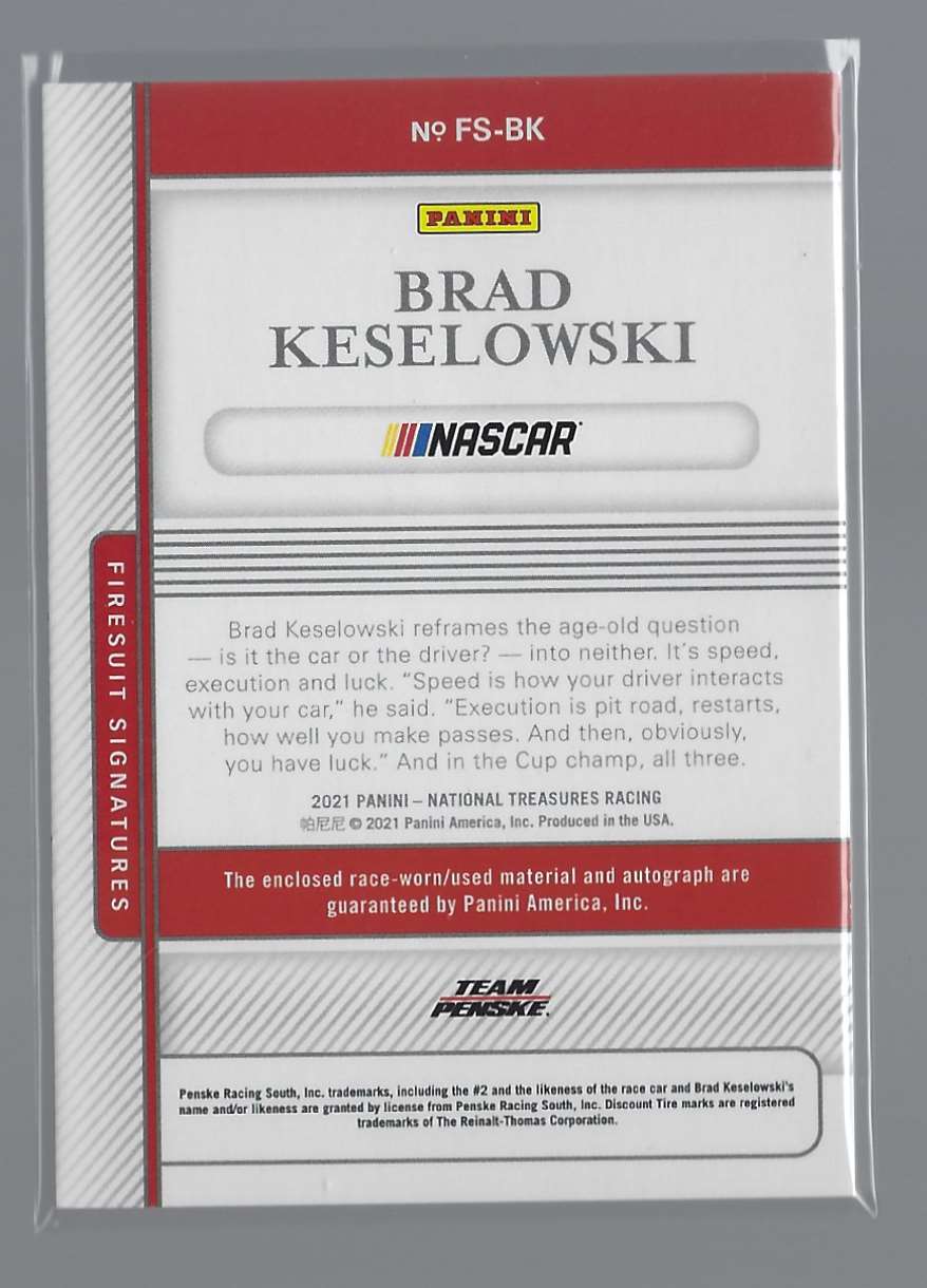 2021 Panini National Treasures Firesuit Signatures Silver Brad Keselowski #FSBK card back image