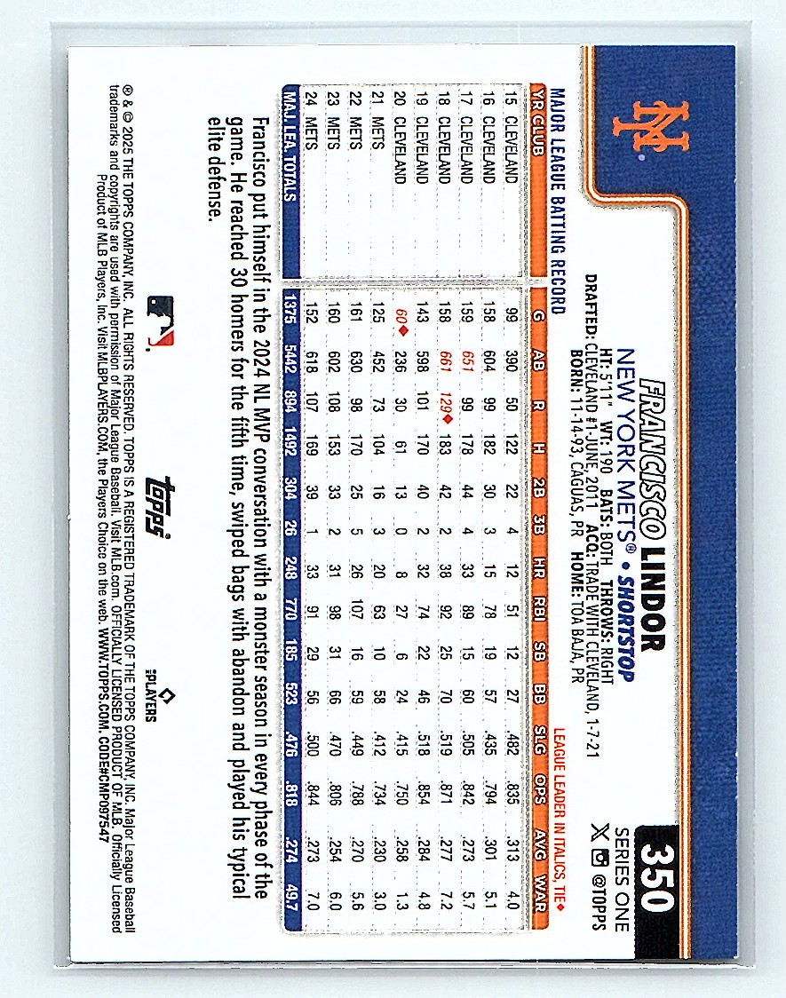 2025 Topps Francisco Lindor #350 card back image