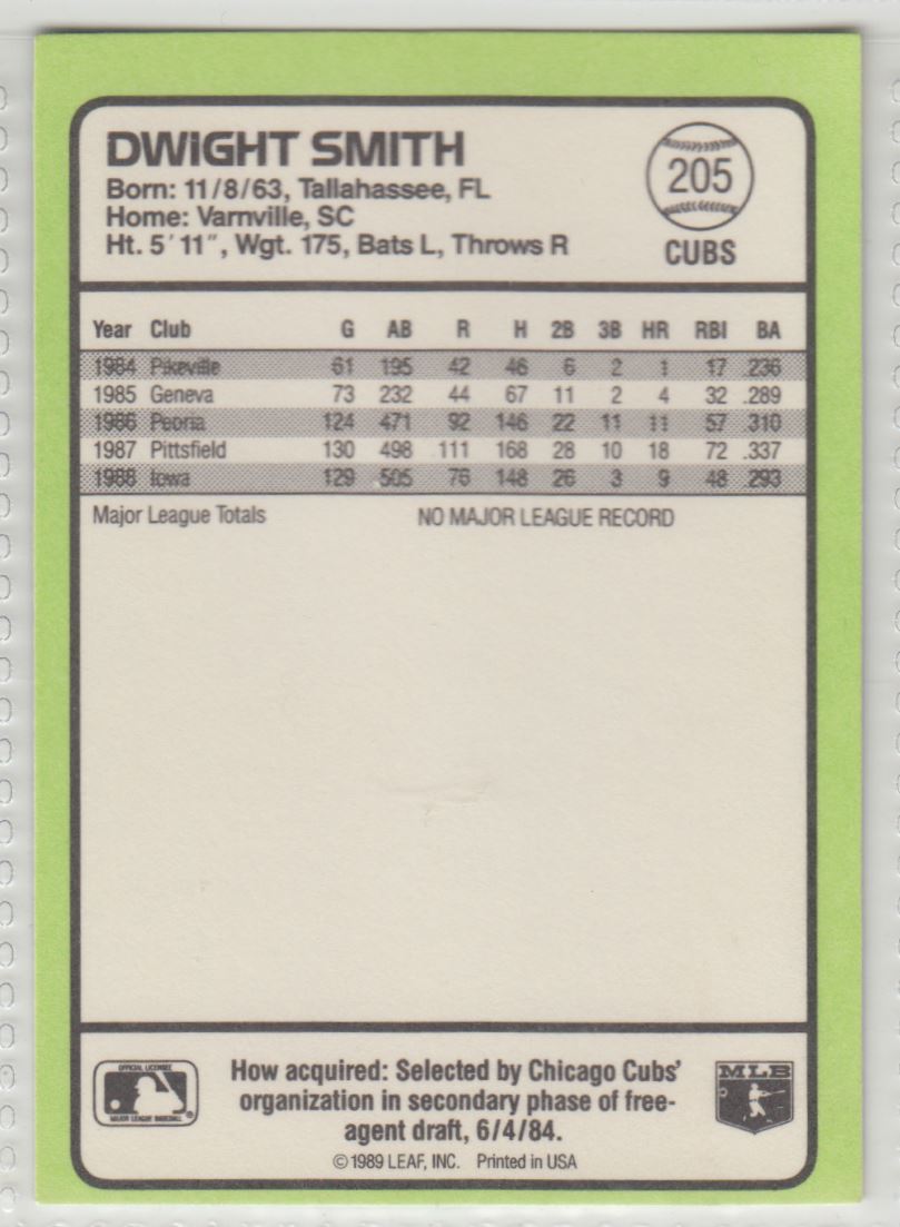 1989 Donruss Baseball's Best Dwight Smith #205 card back image