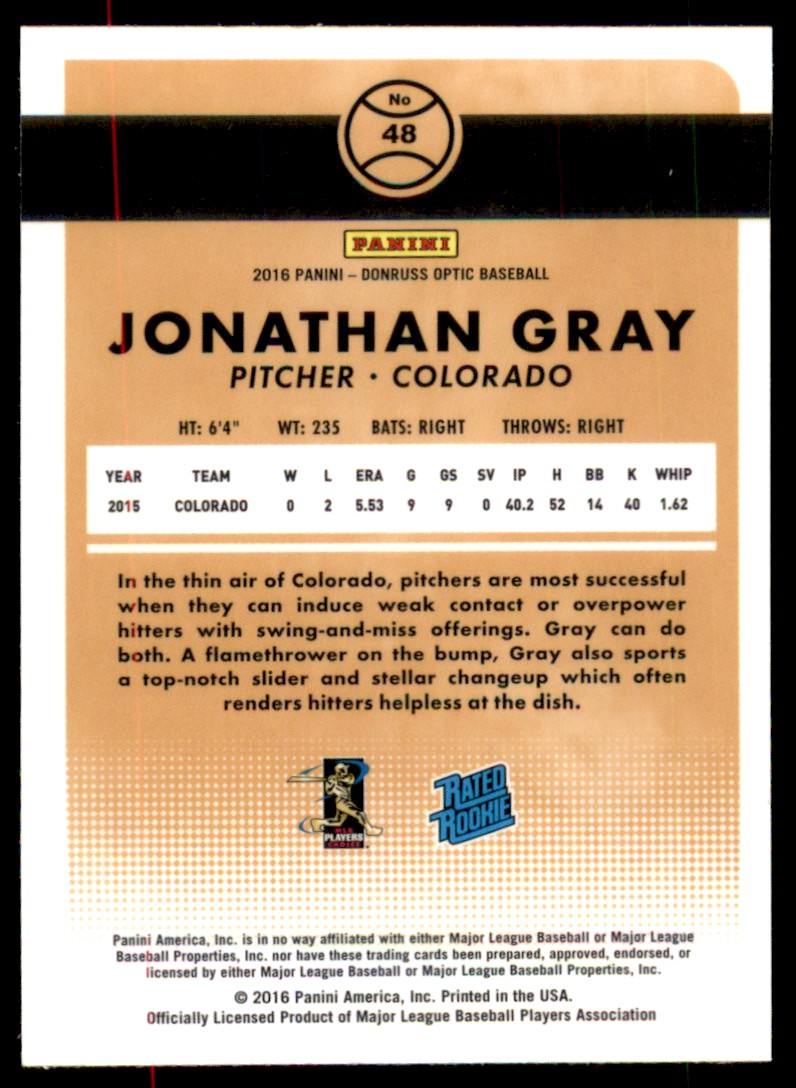 2016 Donruss Optic Purple Jonathan Gray #48 card back image