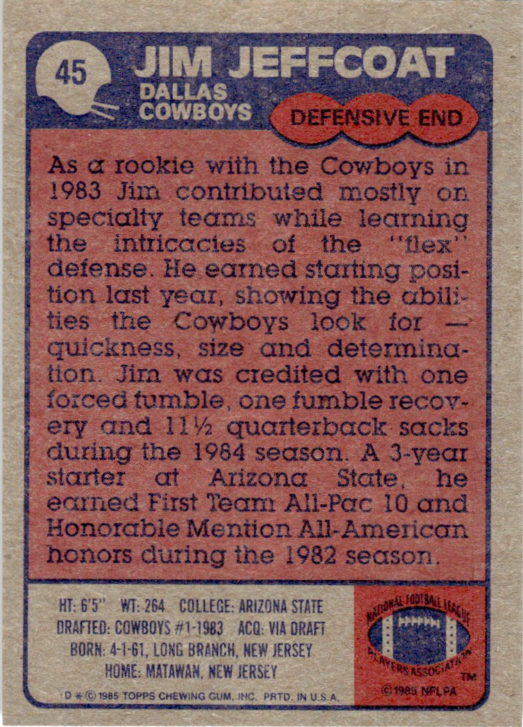 1985 Topps Jim Jeffcoat B #45 card back image