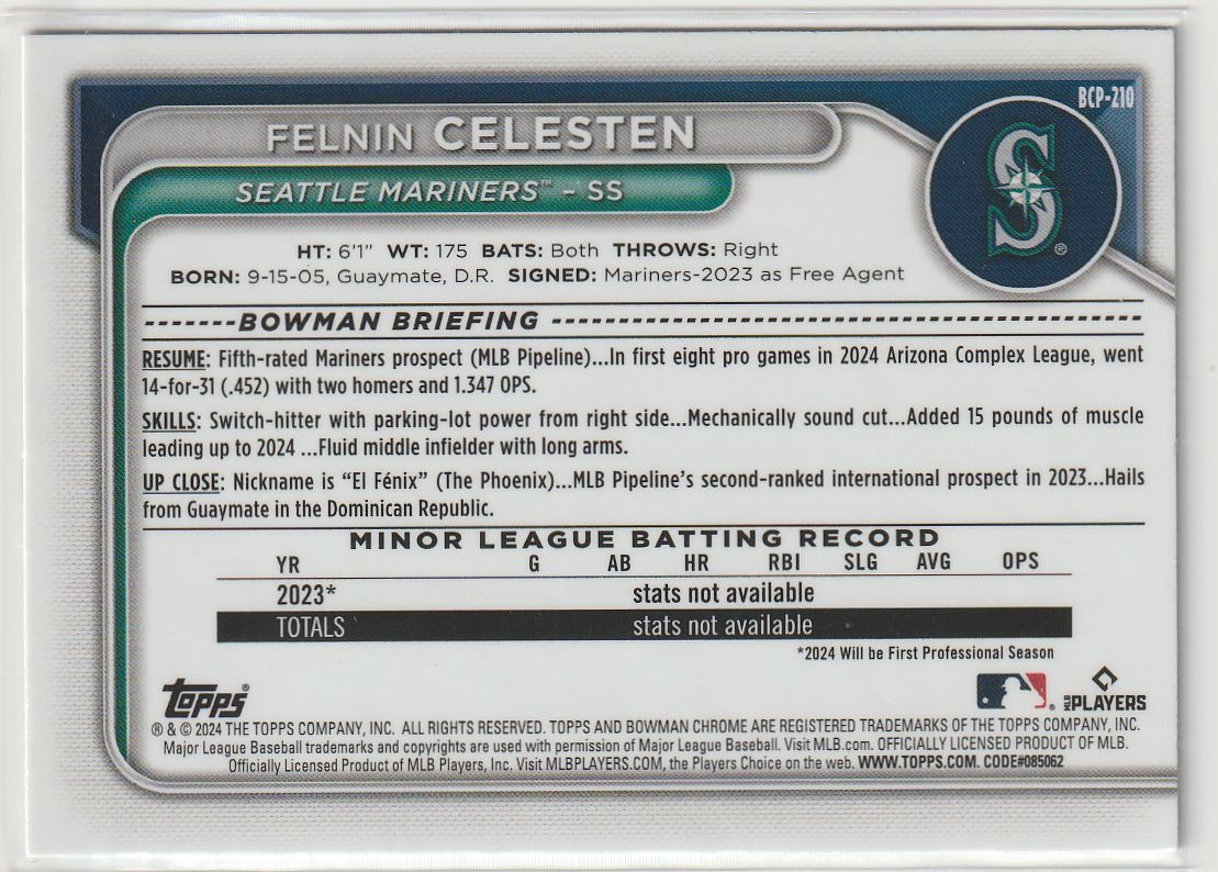 2024 Bowman Chrome Prospects Felnin Celesten #BCP-210 card back image