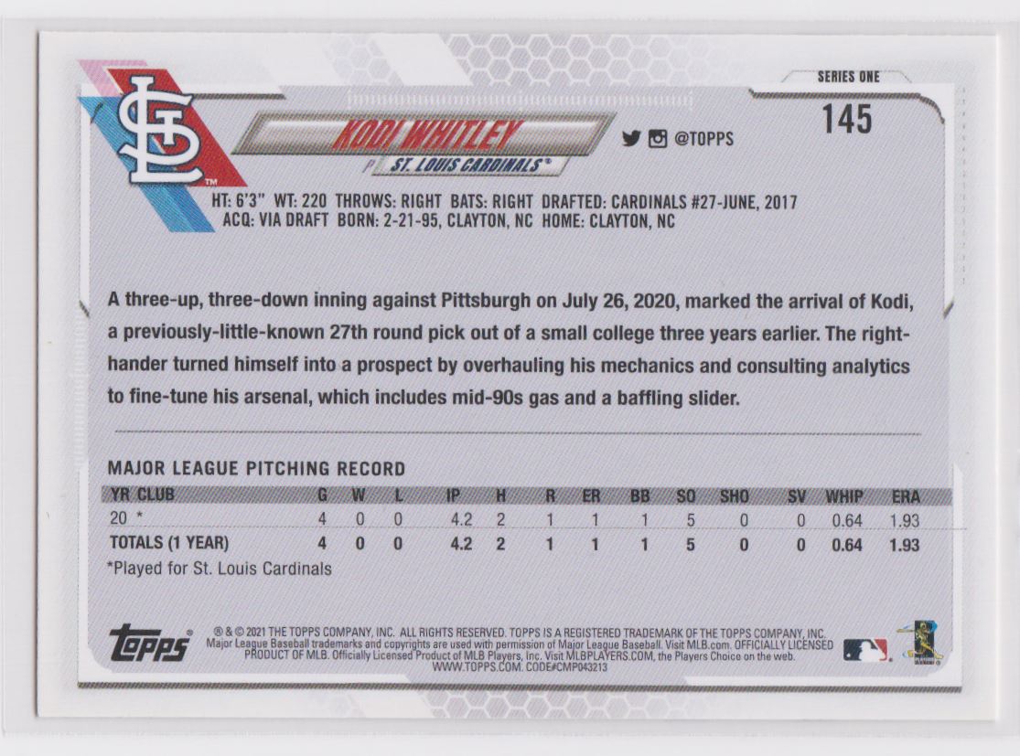 2021 Topps Kodi Whitley #145 card back image