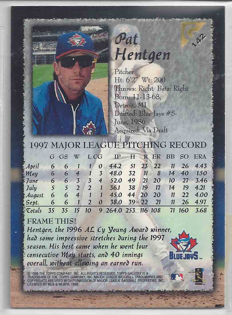 1998 Topps Gallerry Impressions Pat Hentgen #143 card back image