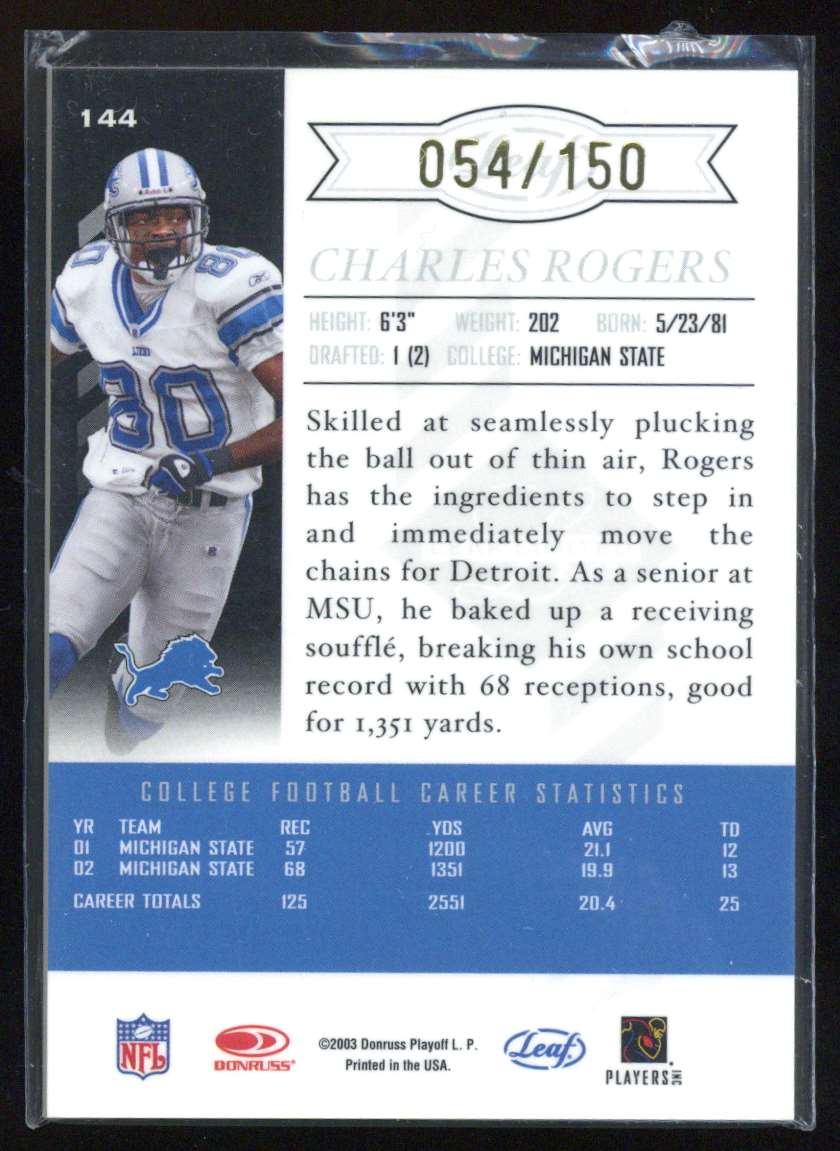 2003 leaf Phenom Charles Rogers #144 card back image