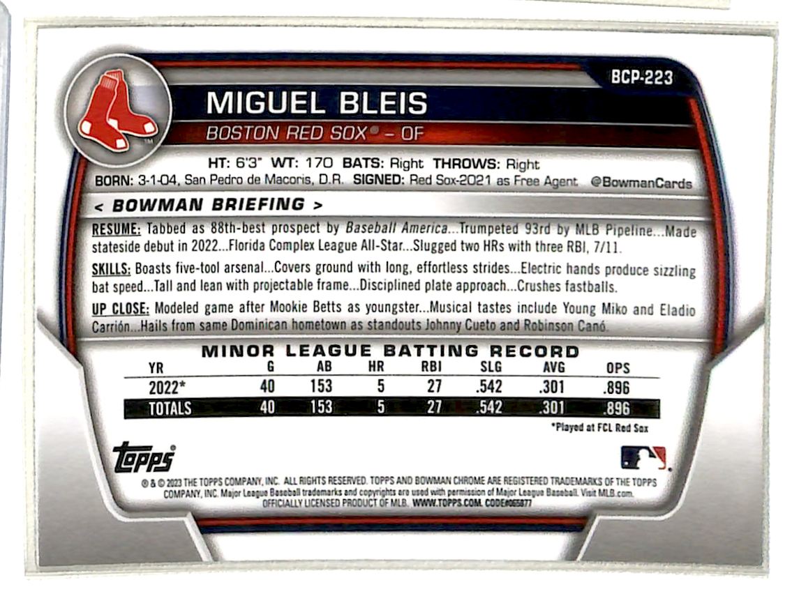 2023 Bowman Chrome Prospects Miguel Bleis #BCP-223 card back image