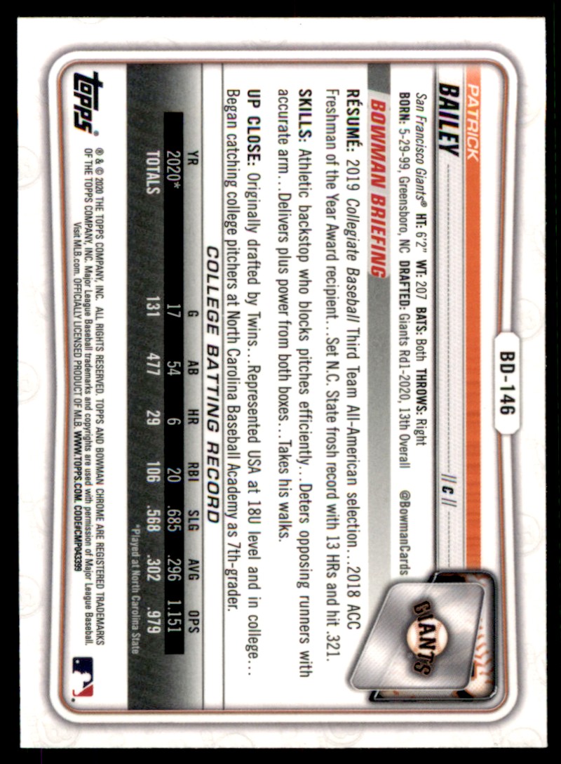 2020 Bowman Draft Chrome Sky Blue Patrick Bailey #BD-146 card back image