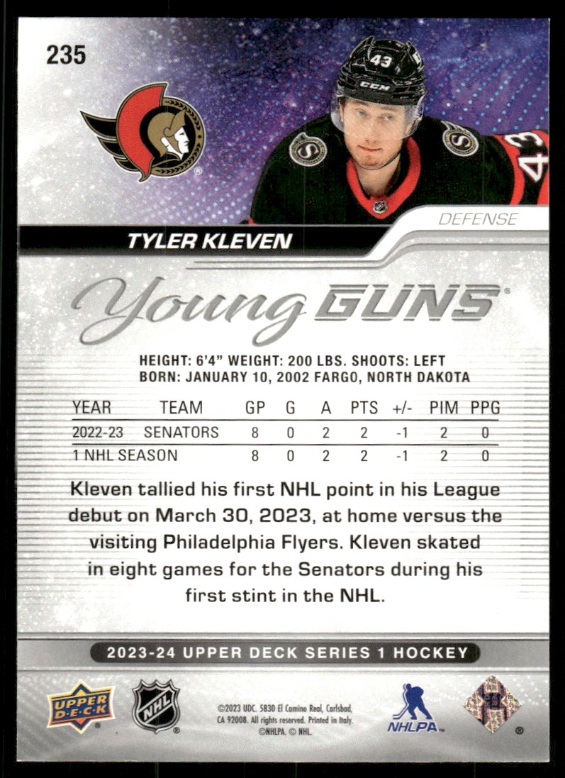 2023-24 Upper Deck YG Tyler Kleven #235 card back image