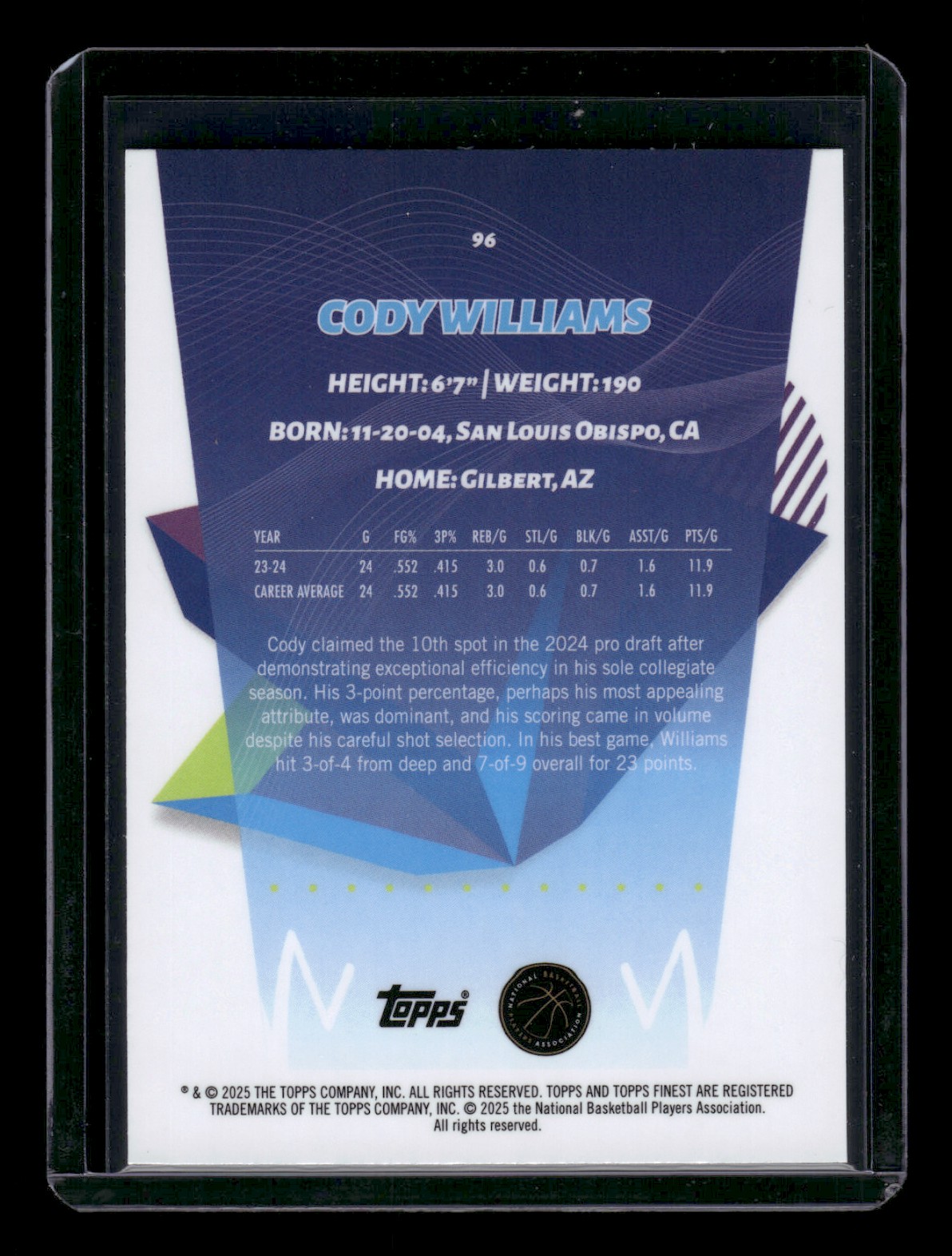 2024-25 Topps Finest CODY WILLIAMS #96 card back image