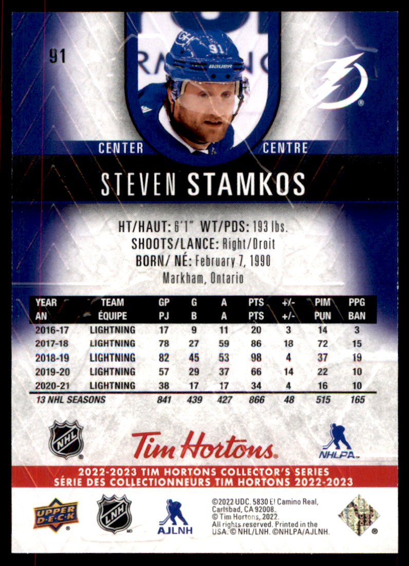 2021-22 Upper Deck Tim Hortons Steven Stamkos #91 card back image