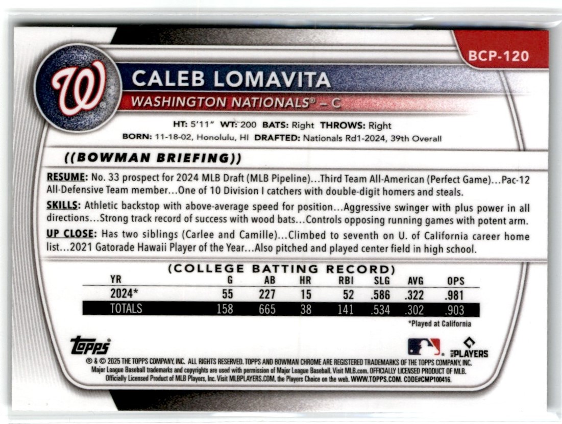 2025 Bowman Chrome Reptillian Caleb Lomavita #BCP120 card back image