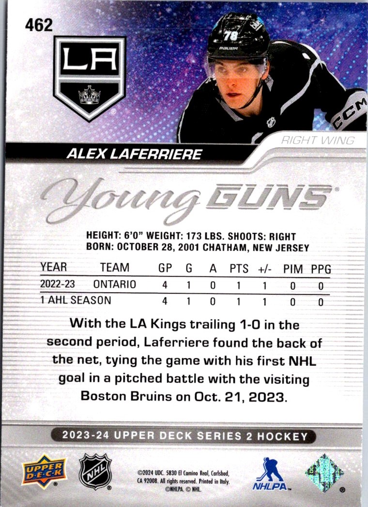 2023-24 Upper Deck Young Guns Alex Laferriere #462 card back image
