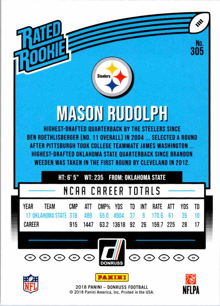 #305 Mason Rudolph Rookie 2018 Panini Donruss Football Trading Card,