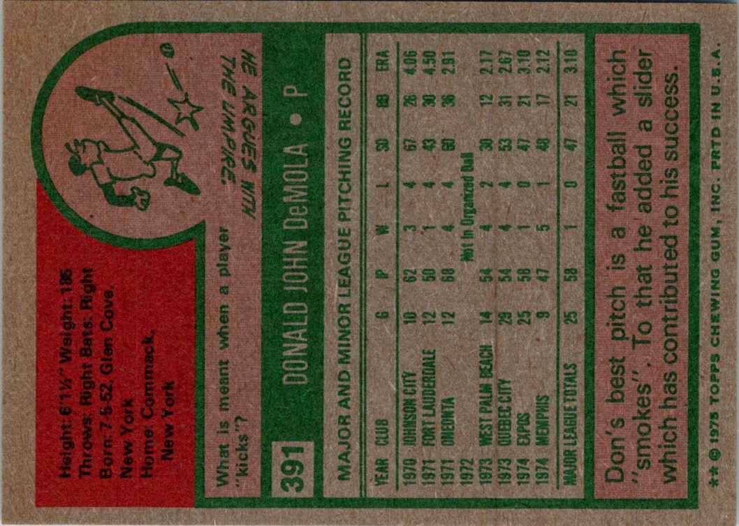 1975 Topps Don DeMola #391 card back image