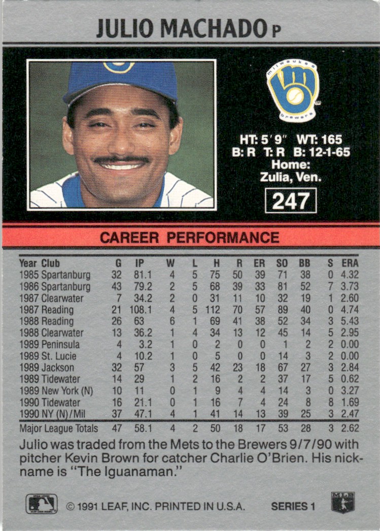 1991 Leaf Major League MLB Baseball Julio Machado #247 card back image