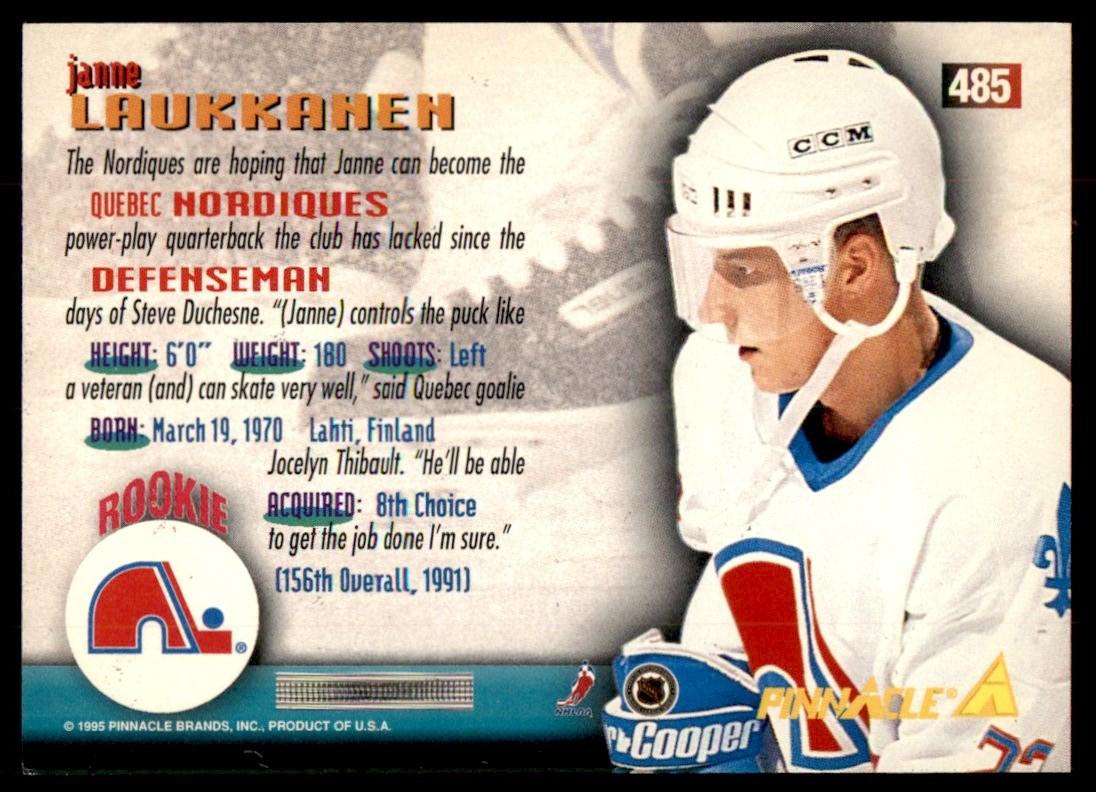 1994-95 Pinnacle Janne Laukkanen #485 card back image