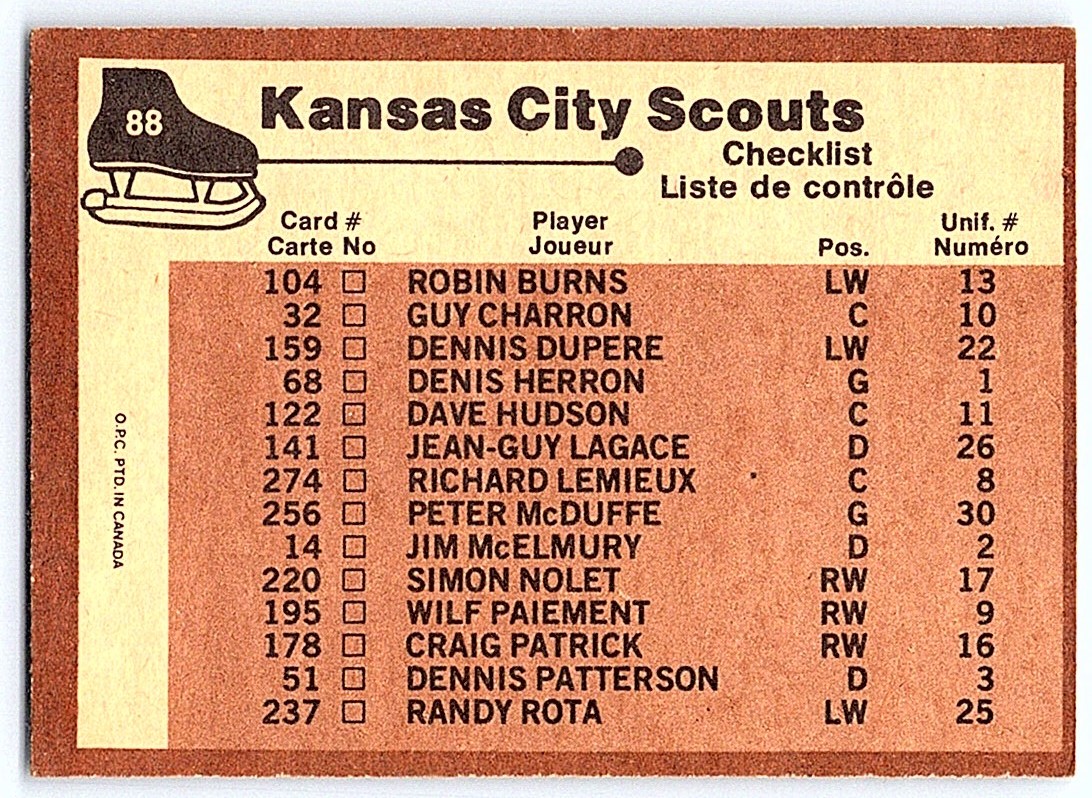 1975-76 OPC NHL Kansas City Scouts Various Trading Cards