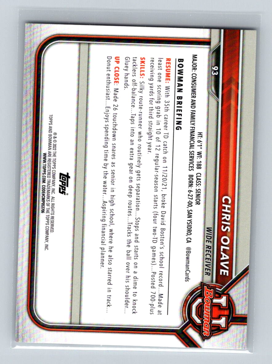 2022 Bowman University Chris Olave #93 card back image