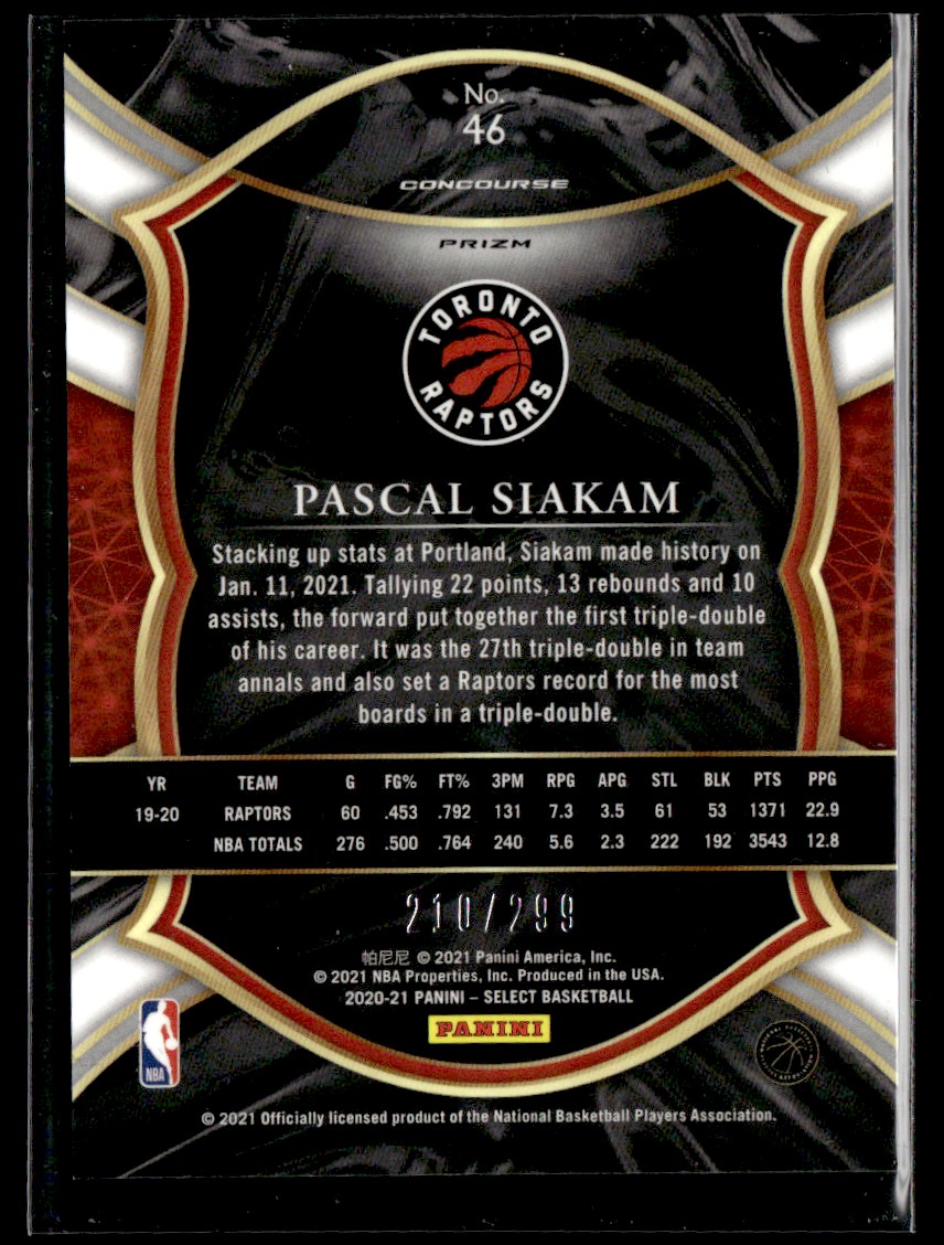 2020-21 Panini Select Light Blue Prizms Pascal Siakam #46 card back image