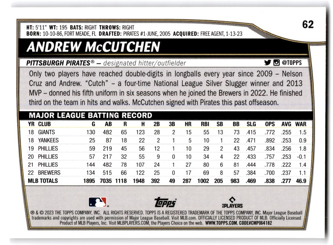 Pittsburgh Pirates: Andrew McCutchen 2023 - Officially Licensed