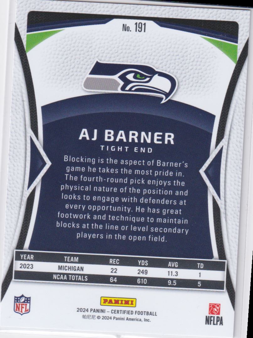 2024 Panini Certified Mirror Pink AJ Barner #191 card back image