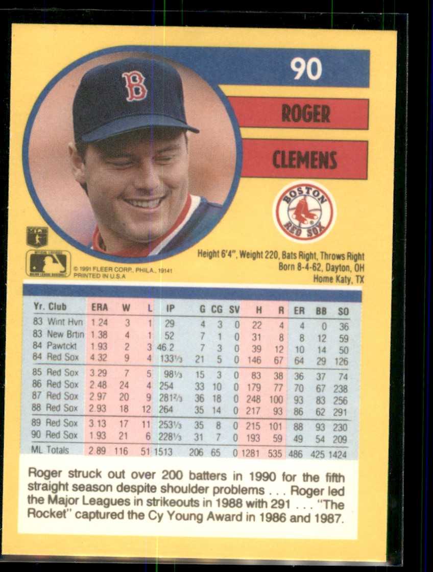 1991 Fleer Roger Clemens Boston Red Sox #90 - Picture 2 of 2