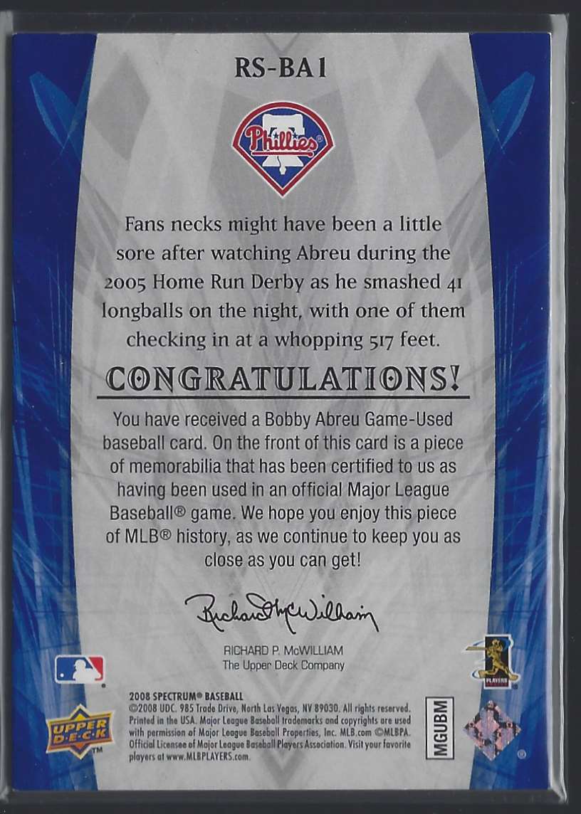 2008 Upper Deck Spectrum Retrospectrum Swatches Baseball Card Bobby Abreu #RSBA1 card back image