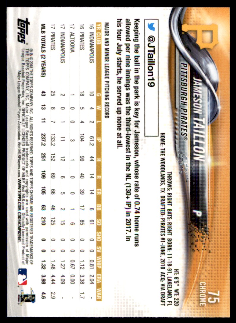 2018 Topps Chrome Jameson Taillon #75 card back image