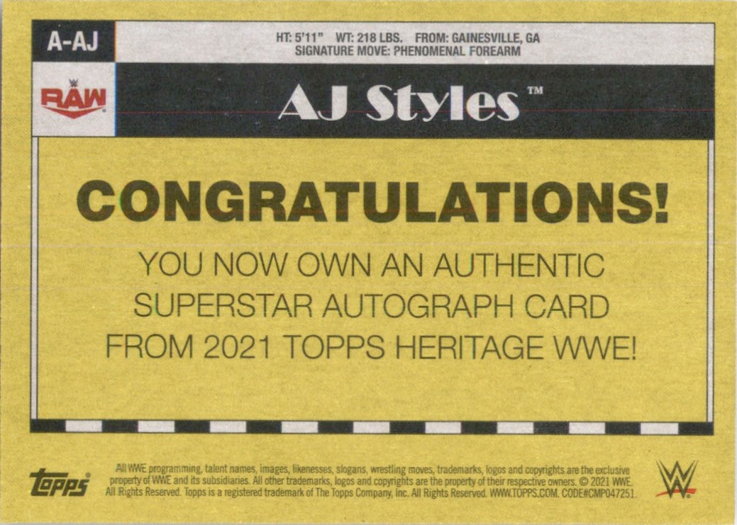 2021 Topps Heritage WWE Autographs Blue AJ Styles #AAJ card back image