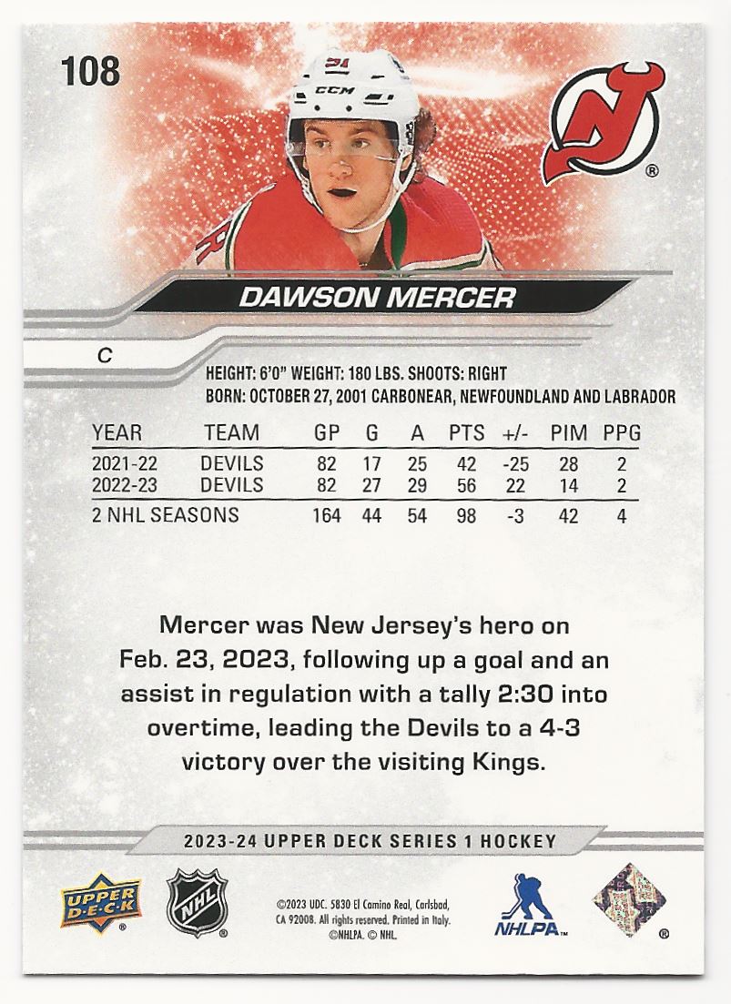 2023-24 Upper Deck Outburst Silver Dawson Mercer #108 card back image