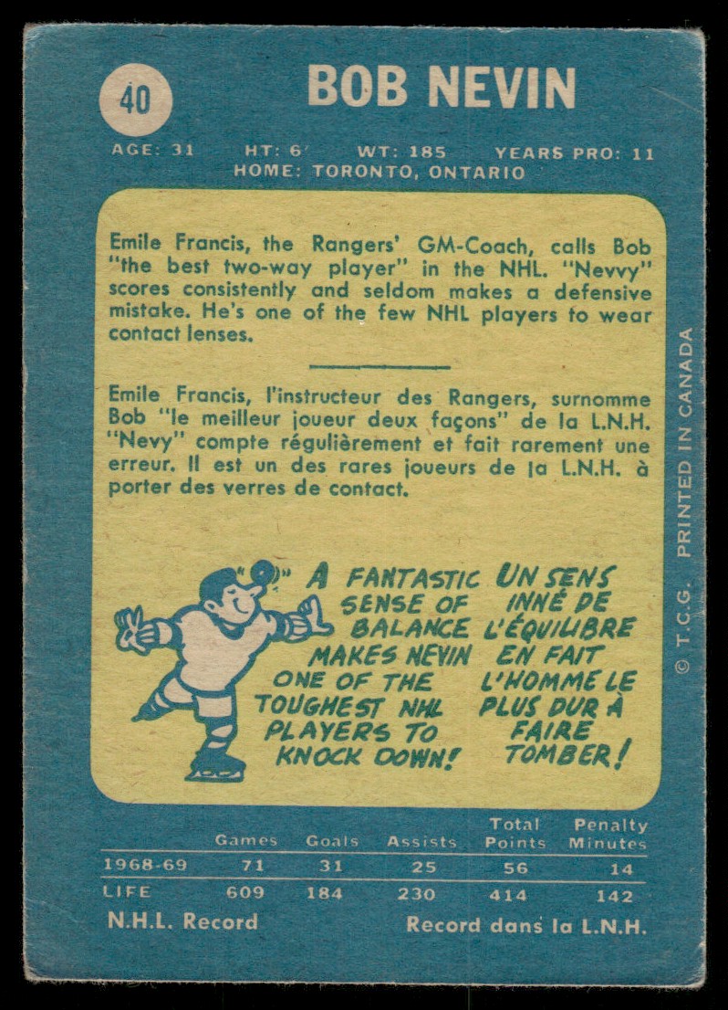 1969-70 O-Pee-Chee Hockey OPC Bob Nevin #40 card back image