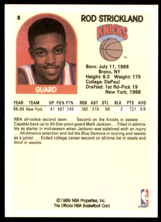 1989-90 NBA Hoops Rod Strickland #8 card back image