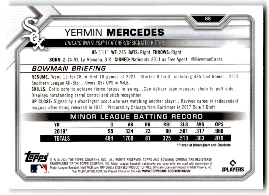 2021 Bowman Chrome Yermin Mercedes #88 card back image