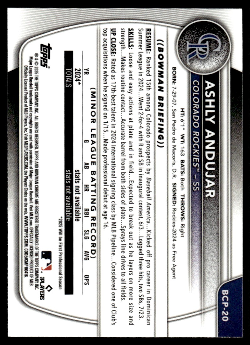 2025 Bowman Chrome Prospects Ashly Andujar #BCP-20 card back image
