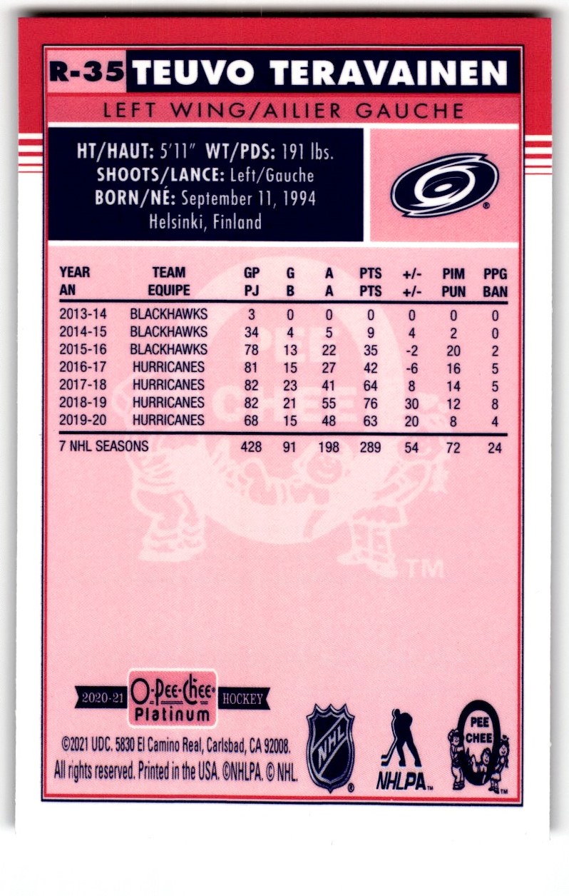2020-21 O-Pee-Chee Platinum Retro Teuvo Teravainen #R-35 card back image