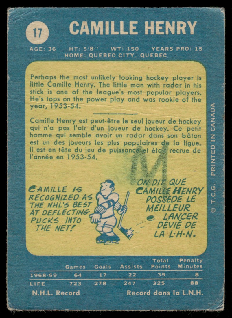1969-70 O-Pee-Chee Hockey OPC Camille Henry #17 card back image