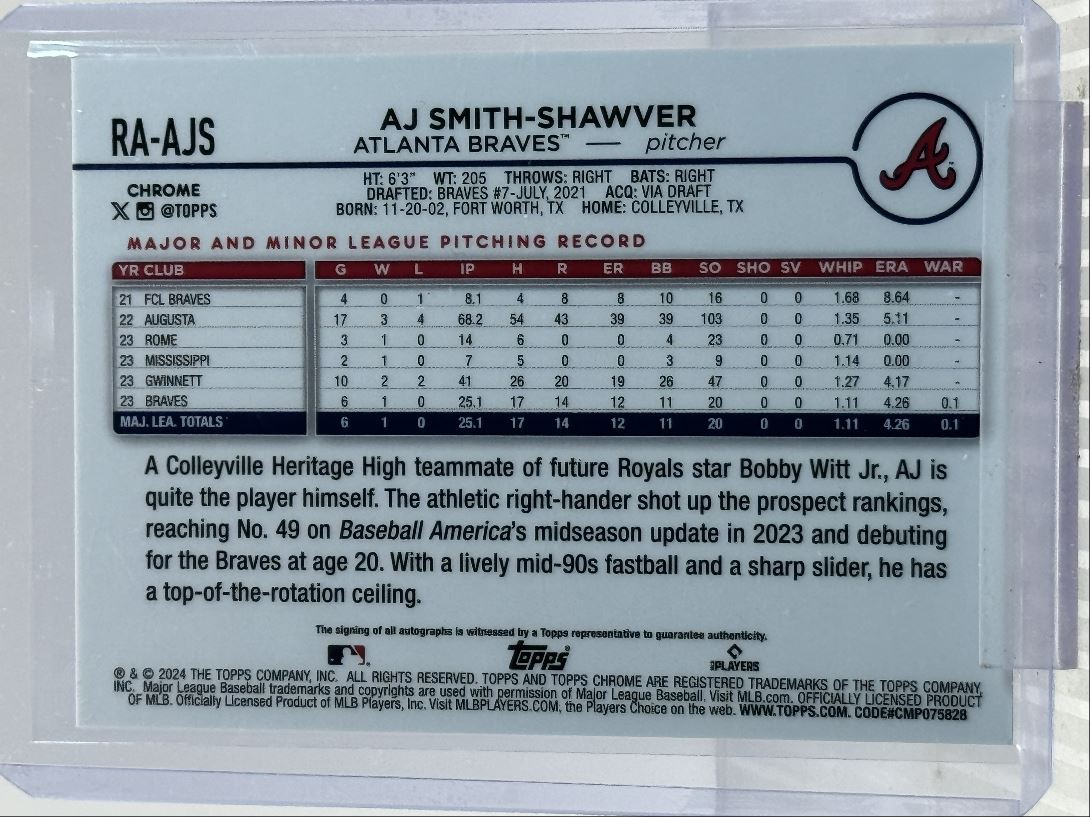 2024 TOPPS CHROME ROOKIE AUTOGRAPH BRAVES AJ SMITH-SHAWVER card back image