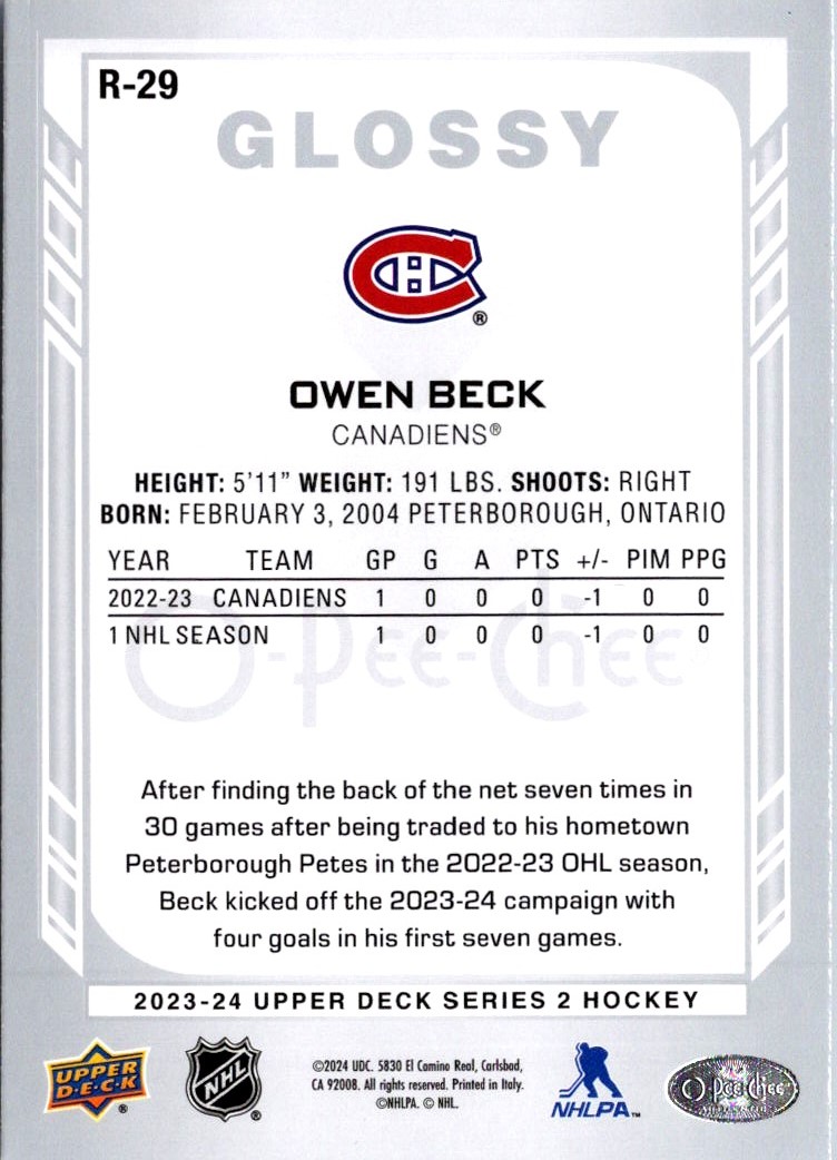 2023-24 Upper Deck O-Pee-Chee Glossy Owen Beck #R-29 card back image
