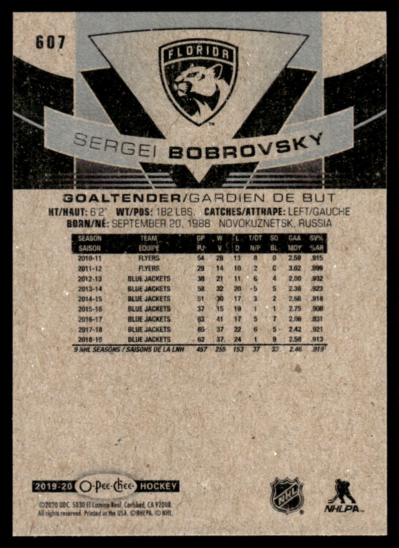 2019-20 Upper Deck O-Pee-Chee Update Blue Border Sergei Bobrovsky #607 card back image