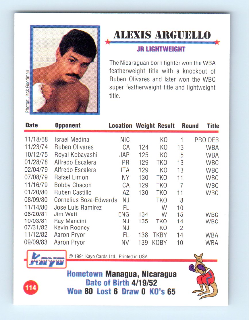 1991 Koyo Boxing Alexis Arguello #114 card back image