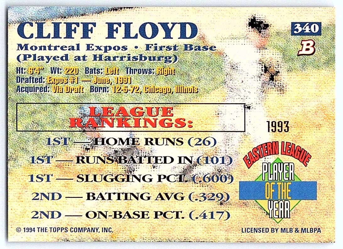 1994 Bowman Cliff Floyd #340 card back image