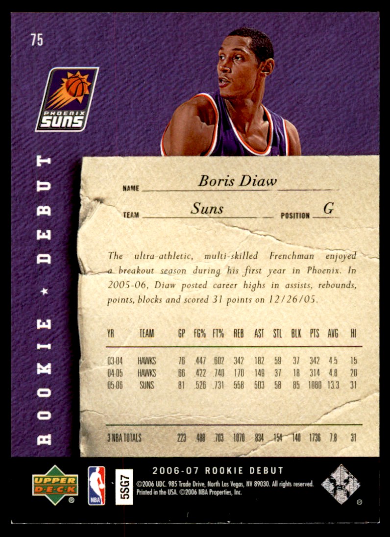 2006-07 Upper Deck Rookie Debut Boris Diaw Phoenix Suns #75 | eBay
