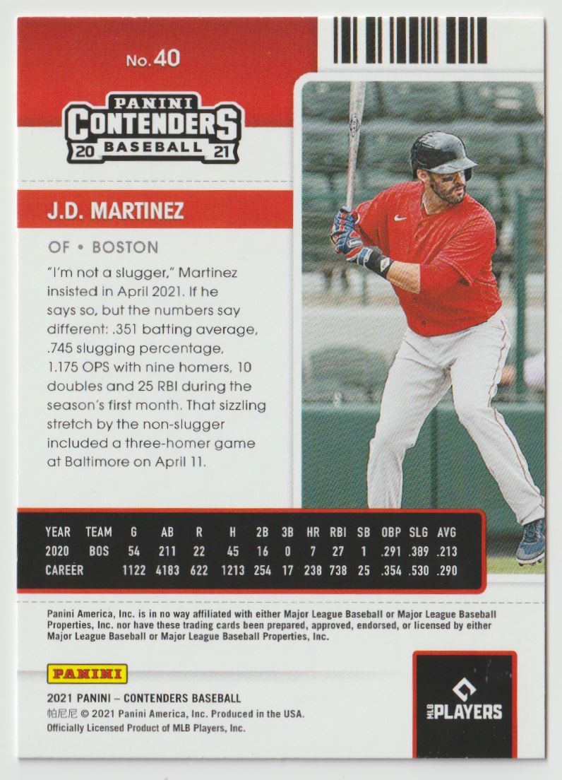 2021 Panini Contenders Season Ticket Optic Red J.D. Martinez #40 card back image