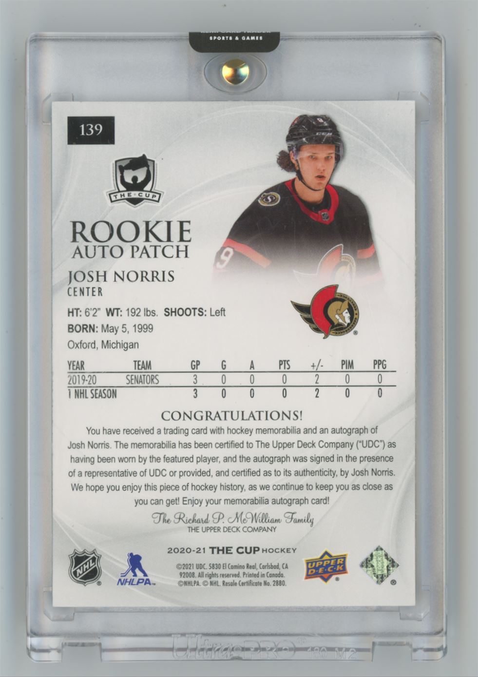 2020-21 Upper Deck The Cup Rookie Auto Patch Josh Norris Rookie