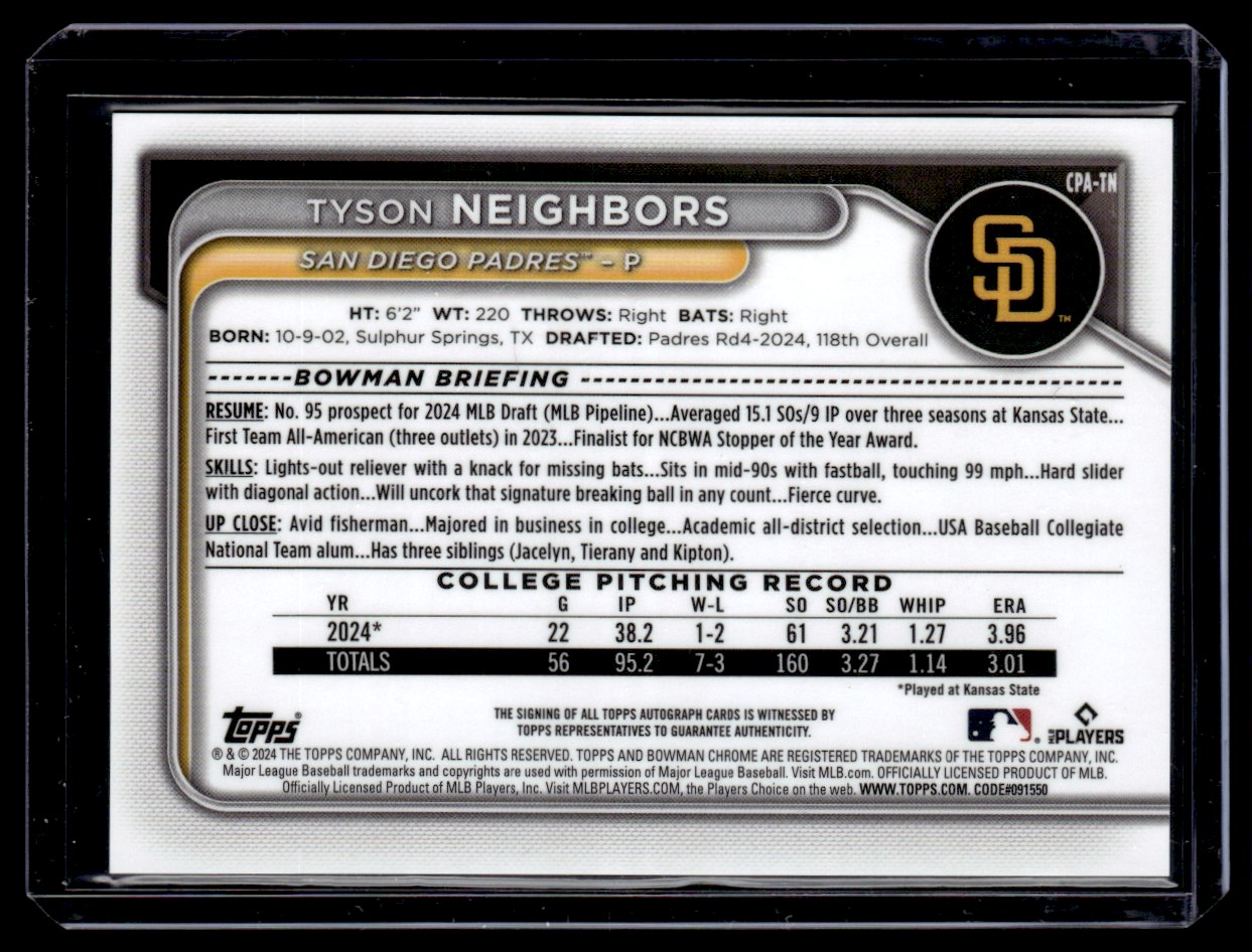 2024 Bowman Chrome Auto Blue Wave Refractor Tyson Neighbors Auto 