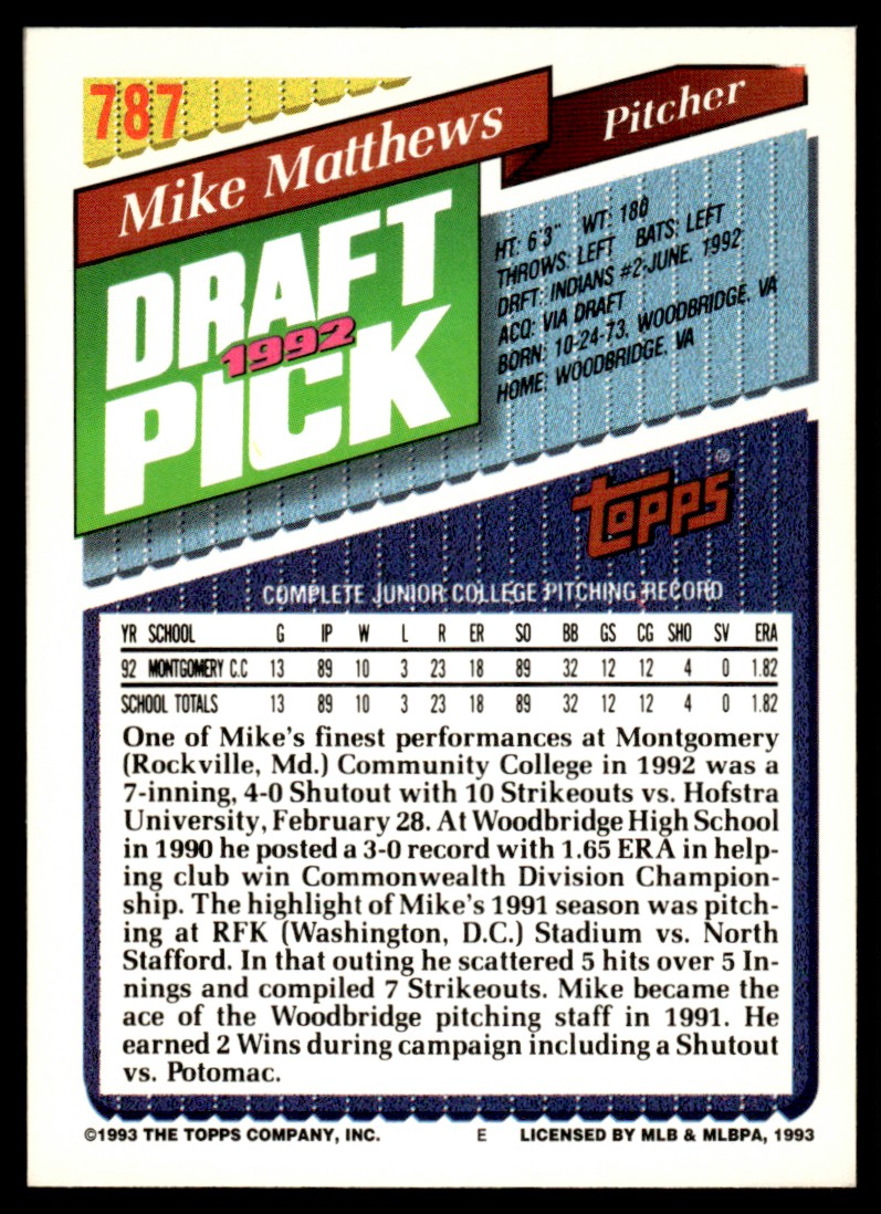 1993 Topps Draft Pick Mike Matthews #787 card back image